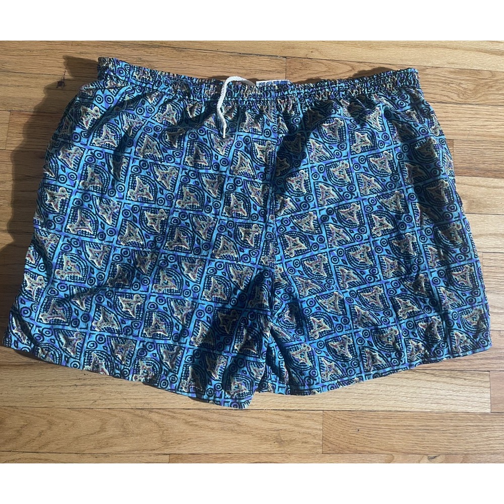 Vintage 90s Ocean Blue Geometric Swim Trunks Shorts Mens Vaporware Retro Surf XL